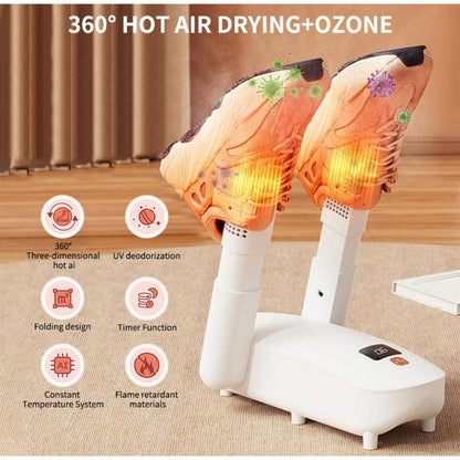 Electric Shoe Dryer and Warmer with PTC Heating, 48°C Fast Drying, 360° Warm Air, UV Sterilization, Intelligent Timer Settings, Foldable & Hanging Design
